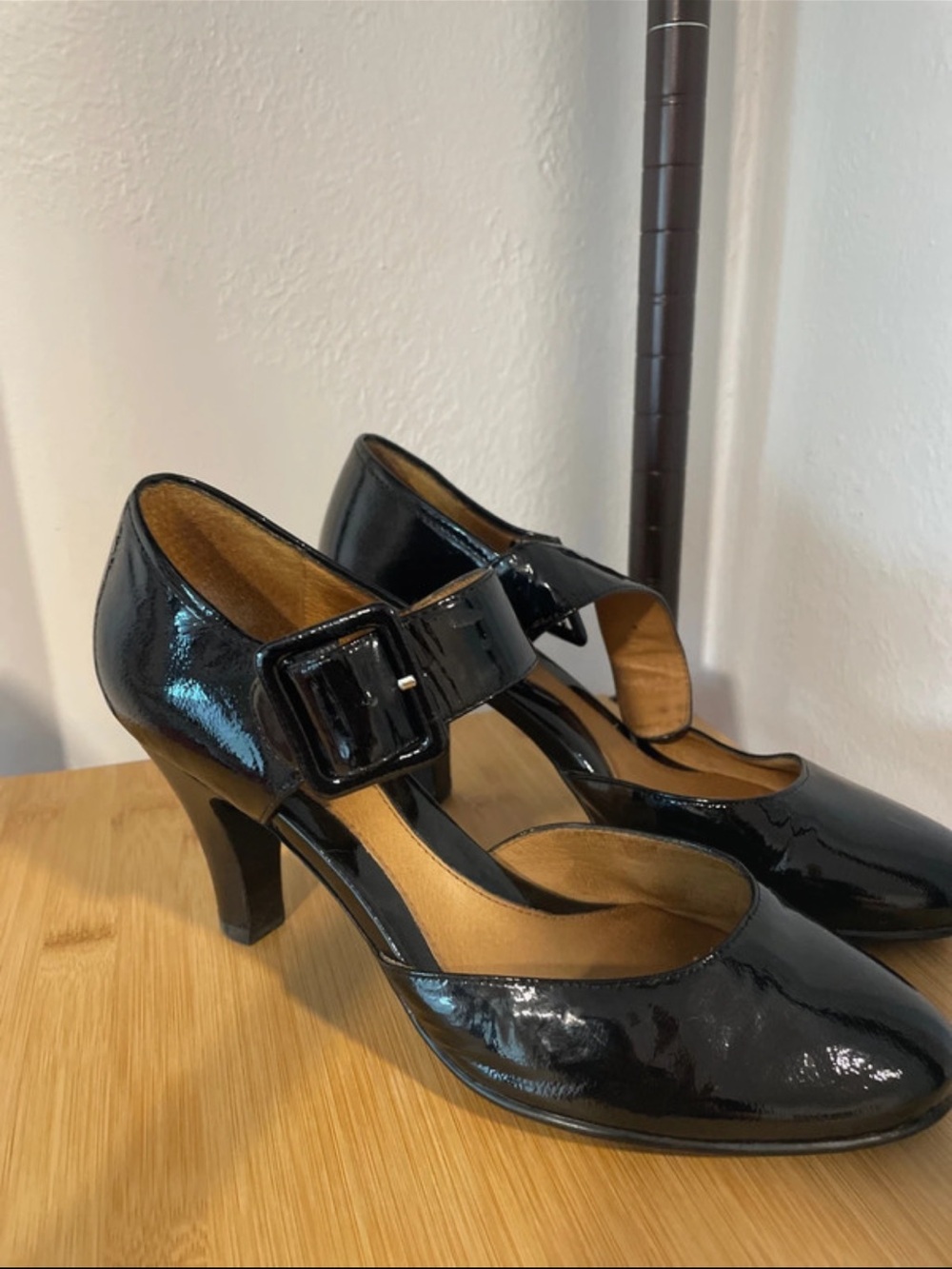Sofft Black Patent Mary Jane Heels with Buckle Strap
